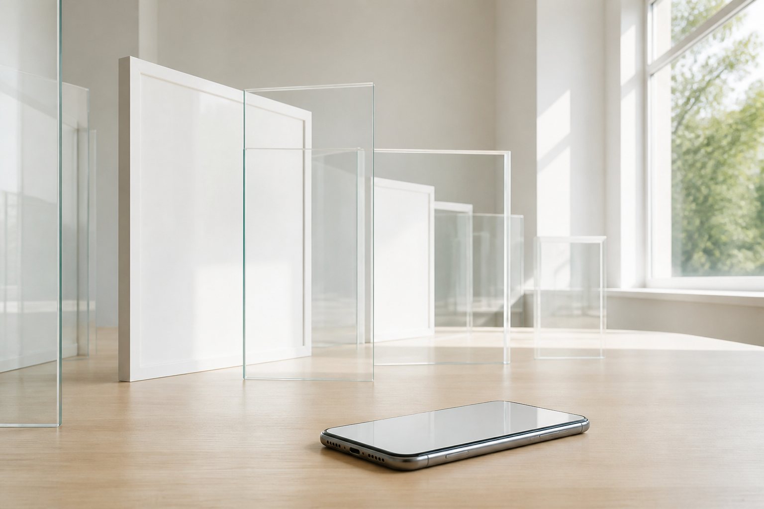 Phone on a sunlit oak desk in front of layered glass panels and empty white frames
