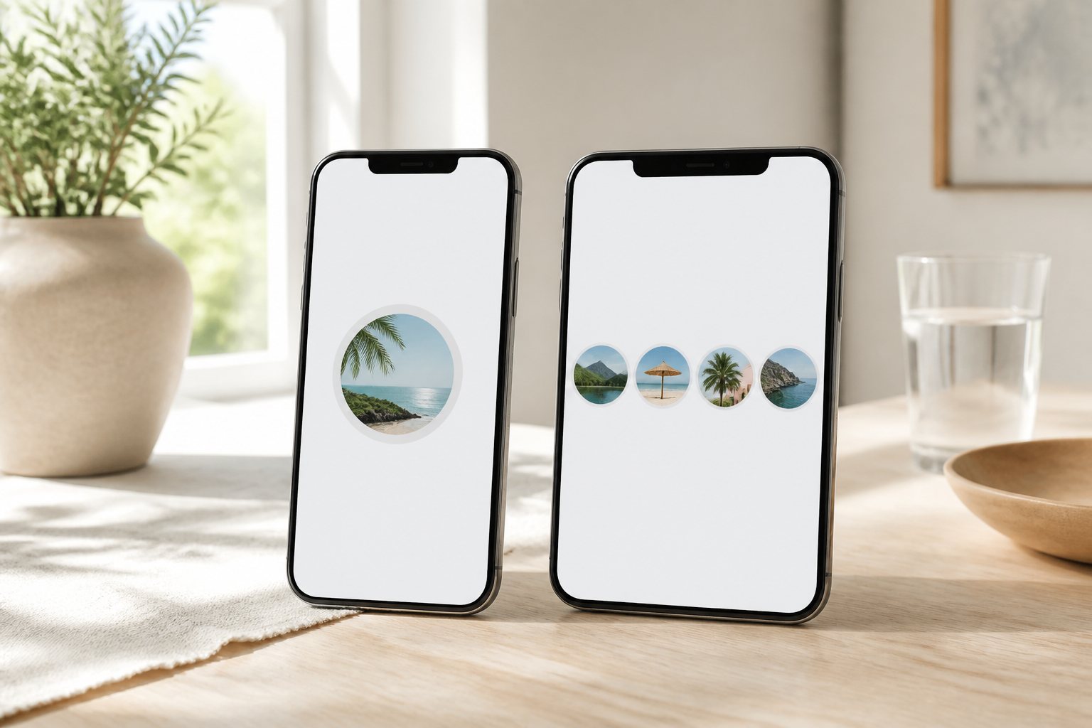 Two phones on a sunlit table, one with a single circular cover and one with a row of four circular covers