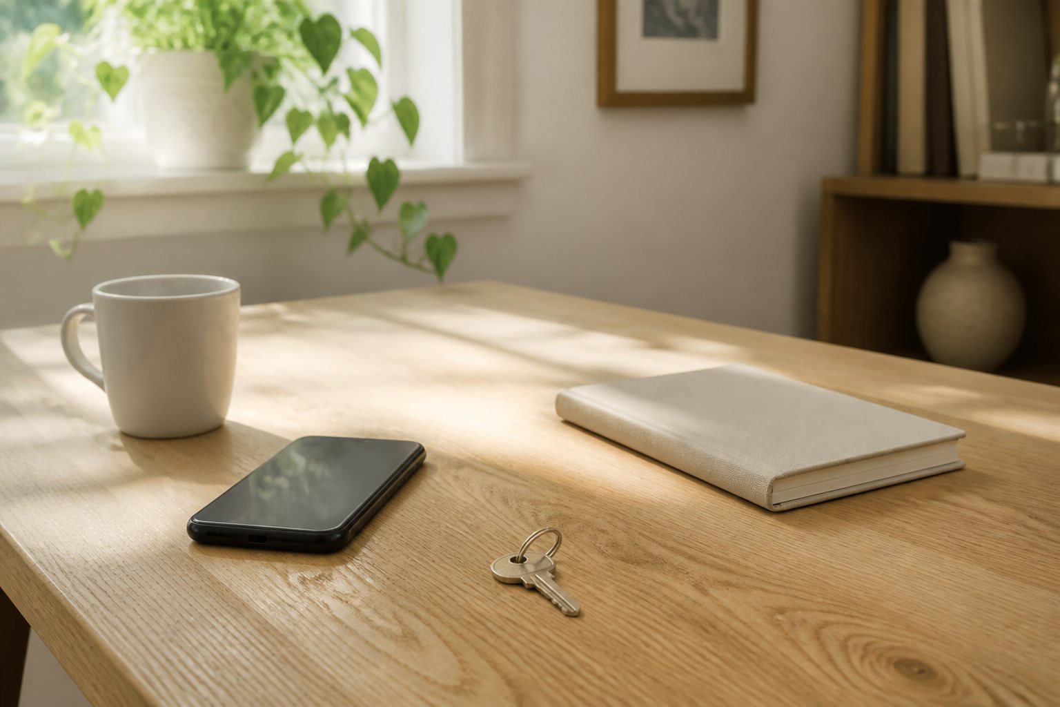 Phone, house key, and notebook on a sunlit wooden desk by a window