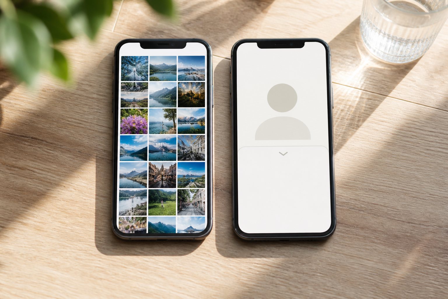 Two phones on a sunlit wooden table, one showing a photo grid and one an empty profile placeholder