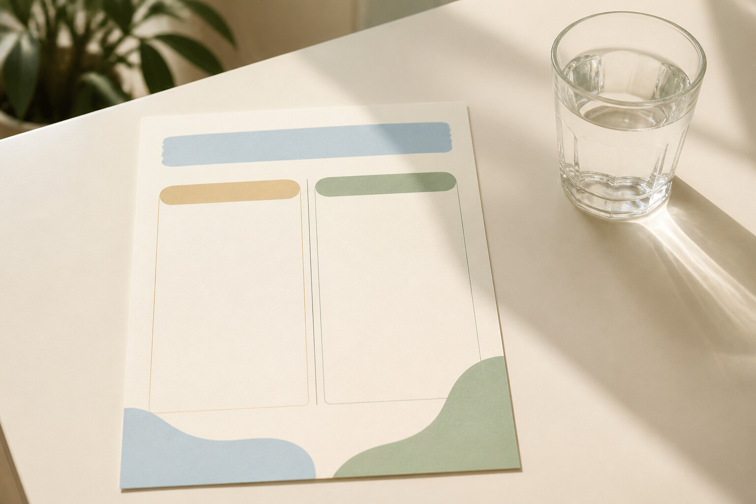 Two-column worksheet on a cream table beside a glass of water in daylight